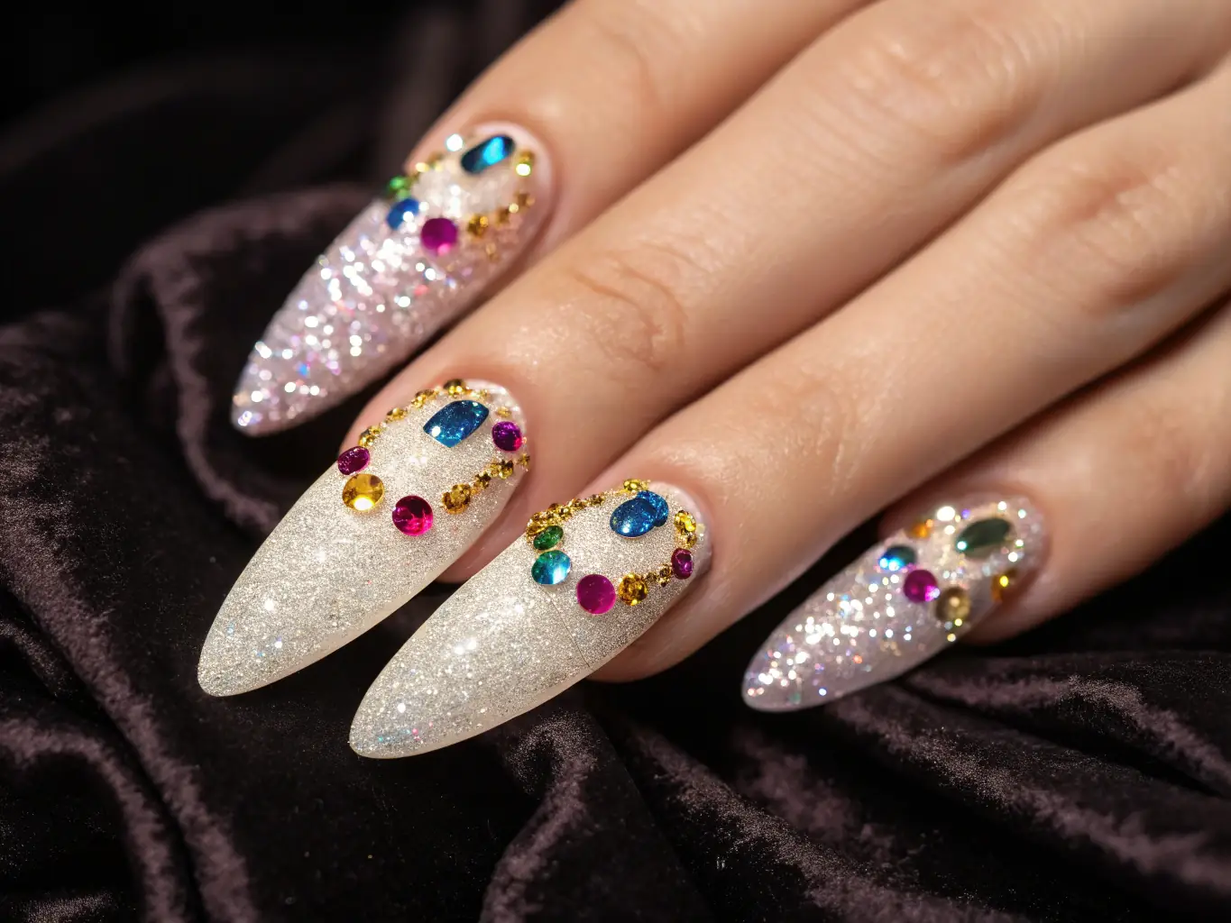 A colorful image of nails with complex and artistic designs, showcasing the creativity and personalization of the nail art service.