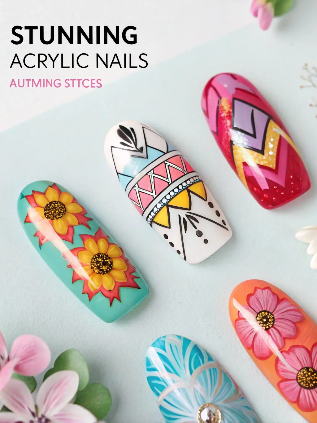 Photo showcasing intricate nail art designs on a set of nails, demonstrating the creativity and skill of the nail technicians at Negle.tilst.